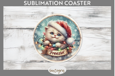 Christmas Vintage Freezin&#039; Cat Entangled Round Coaster Sublimation
