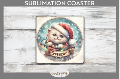 Christmas Vintage Freezin&#039; Cat entangled Square Coaster Sublimation