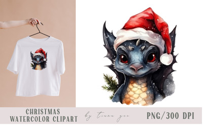 Watercolor Christmas dragon with Santas hat - 1 png clipart