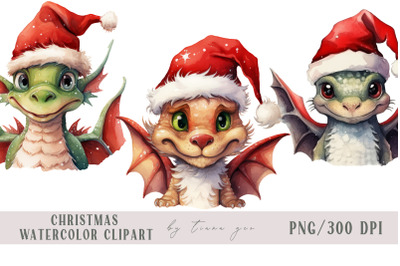 Watercolor Christmas dragon with Santas hat - 3 png clipart