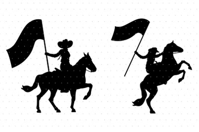 Cowgirl holding a blank flag while riding a horse SVG