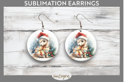 Christmas Horse Animal Entangled in Lights Round Earrings Sublimation