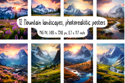 12 Mountain landscapes, photorealistic posters