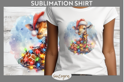Christmas Giraffe Animal Entangled in Lights T-shirt Sublimation