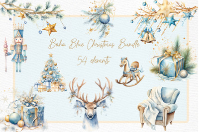 Boho Christmas Clipart Bundle Cozy Christmas Clipart Blue