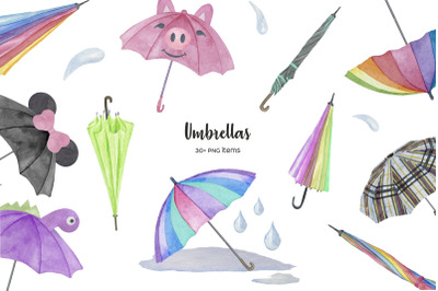 Watercolor umbrella clipart. Colorful umbrella PNG. Kids cute umbrella