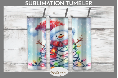 Christmas Snowman Entangled in Lights Tumbler Sublimation 20 oz Skinny