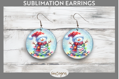 Christmas Snowman Entangled in Lights Round Earrings Sublimation