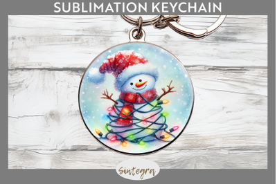 Christmas Snowman Entangled in Lights Round Keychain Sublimation
