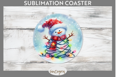 Christmas Snowman Entangled in Lights Round Coaster Sublimation