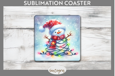 Christmas Snowman Entangled in Lights Square Coaster Sublimation
