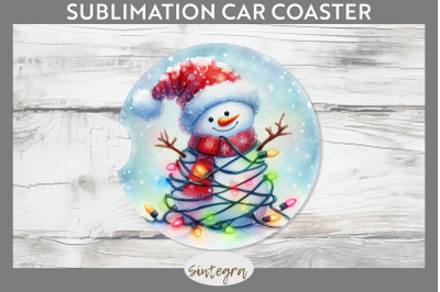 Christmas Snowman Entangled in Lights Car Coaster Sublimation