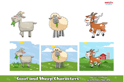 Goat and Sheep Clip Art Vector Illustrations Bundle