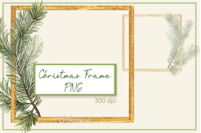 Christmas frame PNG | Gold frame with fir branch