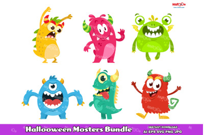 Halloween Monsters Cartoon Character Vector Bundle