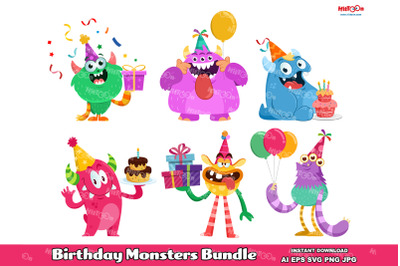 Funny Birthday Monsters Cartoon Characters Vector Bundle