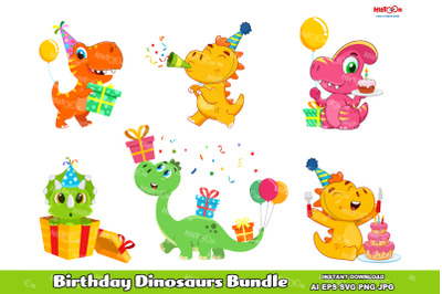 Cute Birthday Dinosaurs Cartoon Characters Vector Bundle