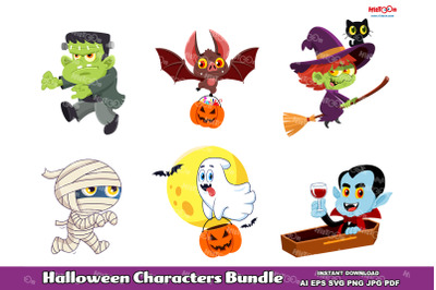 Halloween Monsters Cartoon Characters Vector Bundle