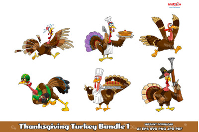 Thanksgiving Turkey Cartoon Characters ClipArt Set 1