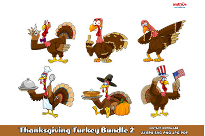 Thanksgiving Turkey Cartoon Characters ClipArt Set 2