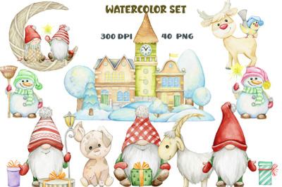 watercolor Gnome clipart, Scandinavian Christmas clipart, nordic, wate