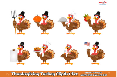 Thanksgiving Turkey Cartoon Character ClipArt Set