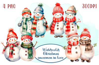 Watercolor Christmas snowmen in love