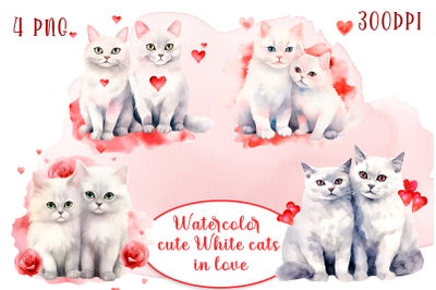 White cats in love Watercolor Sublimation clipart PNG