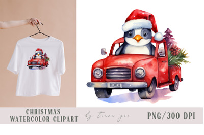 Red Christmas truck with penguin and Christmas tree- 1 png