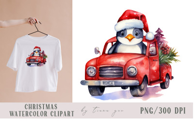 Red Christmas truck with penguin and Christmas tree- 1 png