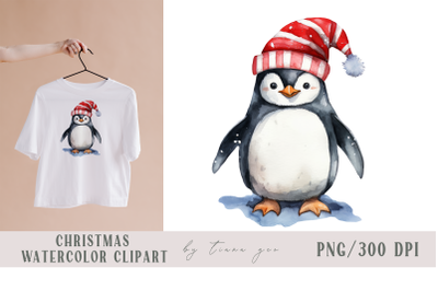 Cute watercolor Christmas penguin clipart- 1 png file