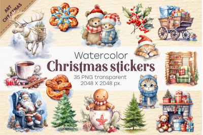 Watercolor Christmas stickers. Clipart.