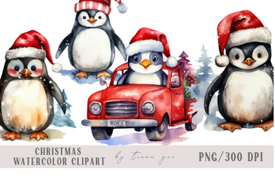 Cute watercolor Christmas penguin clipart- 4 png files