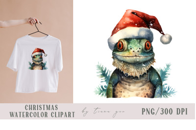 Cute Christmas lizard in Santa&#039;s hat clipart- 1 png file