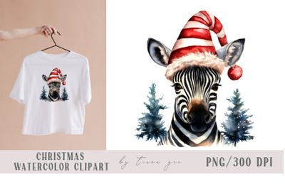 Cute watercolor Christmas zebra clipart- 1 png file