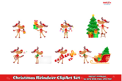 Christmas Reindeer Cartoon Character ClipArt Set