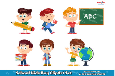 School Kids Boy Cartoon Character ClipArt Set