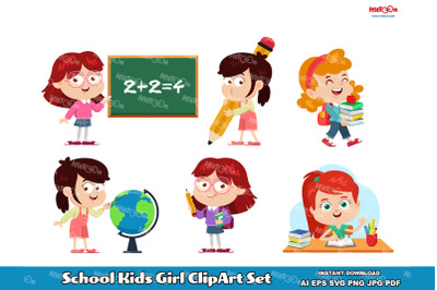 School Kids Girl Cartoon Character ClipArt Set