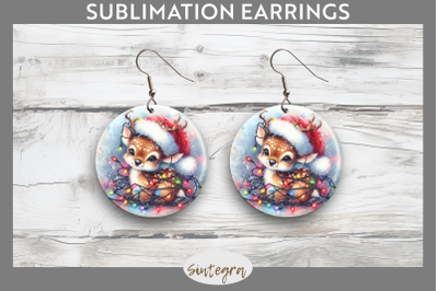 Christmas Deer Entangled in Lights Round Earrings Sublimation