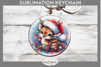 Christmas Deer Entangled in Lights Round Keychain Sublimation