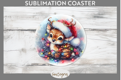 Christmas Deer Entangled in Lights Round Coaster Sublimation