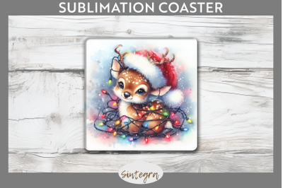 Christmas Deer Entangled in Lights Square Coaster Sublimation