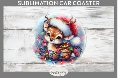 Christmas Deer Entangled in Lights Car Coaster Sublimation