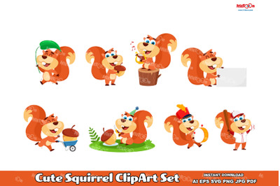 Cute Squirrel Cartoon Character ClipArt Set