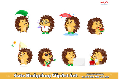 Cute Hedgehog Cartoon Character ClipArt Set