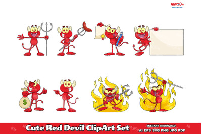 Cute Devil Cartoon Character ClipArt Set