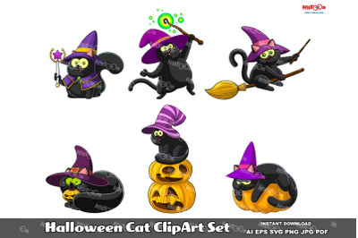 Halloween Witch Black Cat ClipArt Set