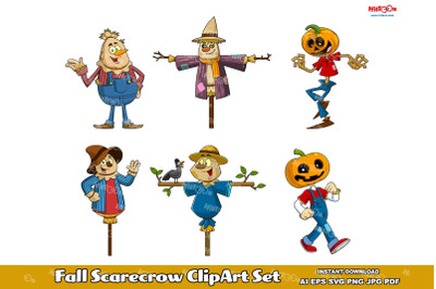 Fall Scarecrow Cartoon Character ClipArt Set