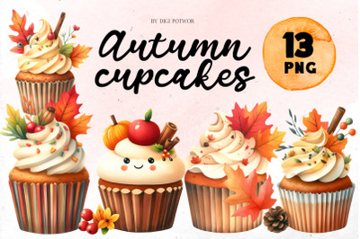 Autumn Cupcakes watercolor Bundle | PNG cliparts