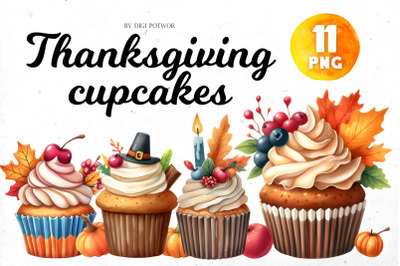 Thanksgiving Cupcakes watercolor Bundle | PNG cliparts